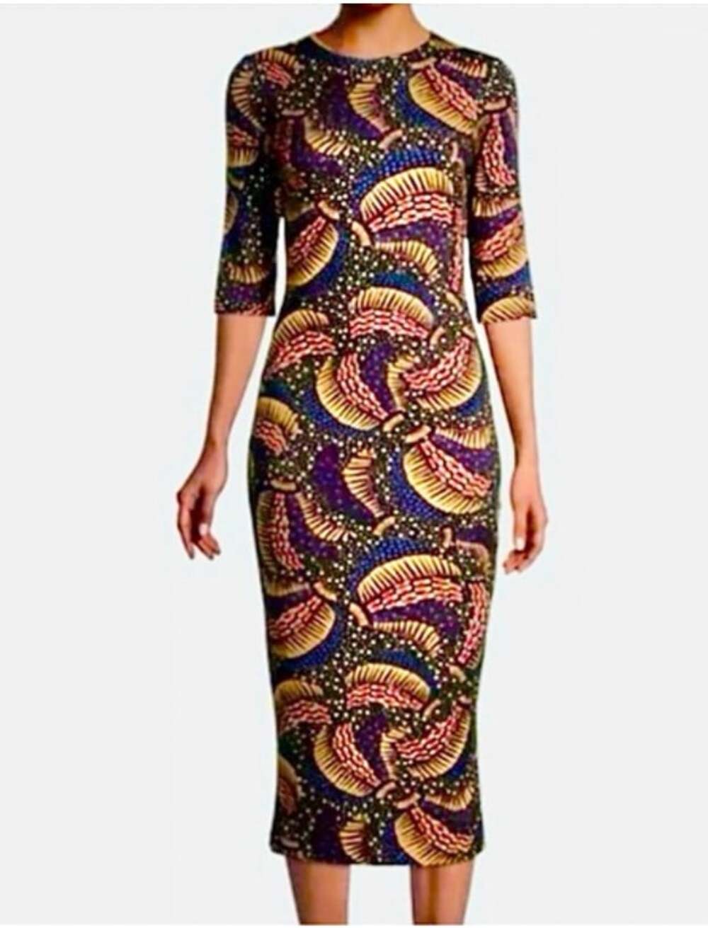 Farm Rio Dress Womens XS Multicolor Geometric 3/4 Sleeve Midi Bodycon Crew Neck